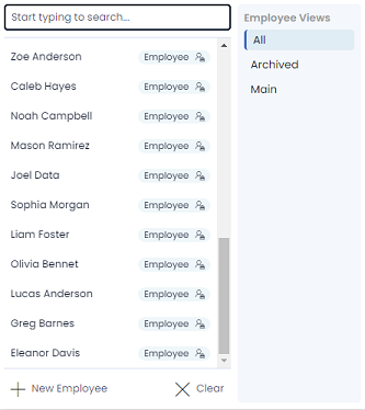 A screenshot that demonstrates the appearance of the drop-down panel from a User Field or Lookup Field. There is a search bar at the top of the component. Below it is a list of employees. At the bottom is a &quot;+ New Employee&quot; button and a &quot;X Clear&quot; button. The right-hand side of the component is titled &quot;Employee Views&quot;. It contains three views such as: &quot;All&quot;, &quot;Archived&quot; and &quot;Main&quot;.